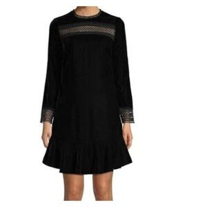 Shoshanna | Black Velvet Flounce Hem Crochet Lace Inset Sheath Dress | Sz 10